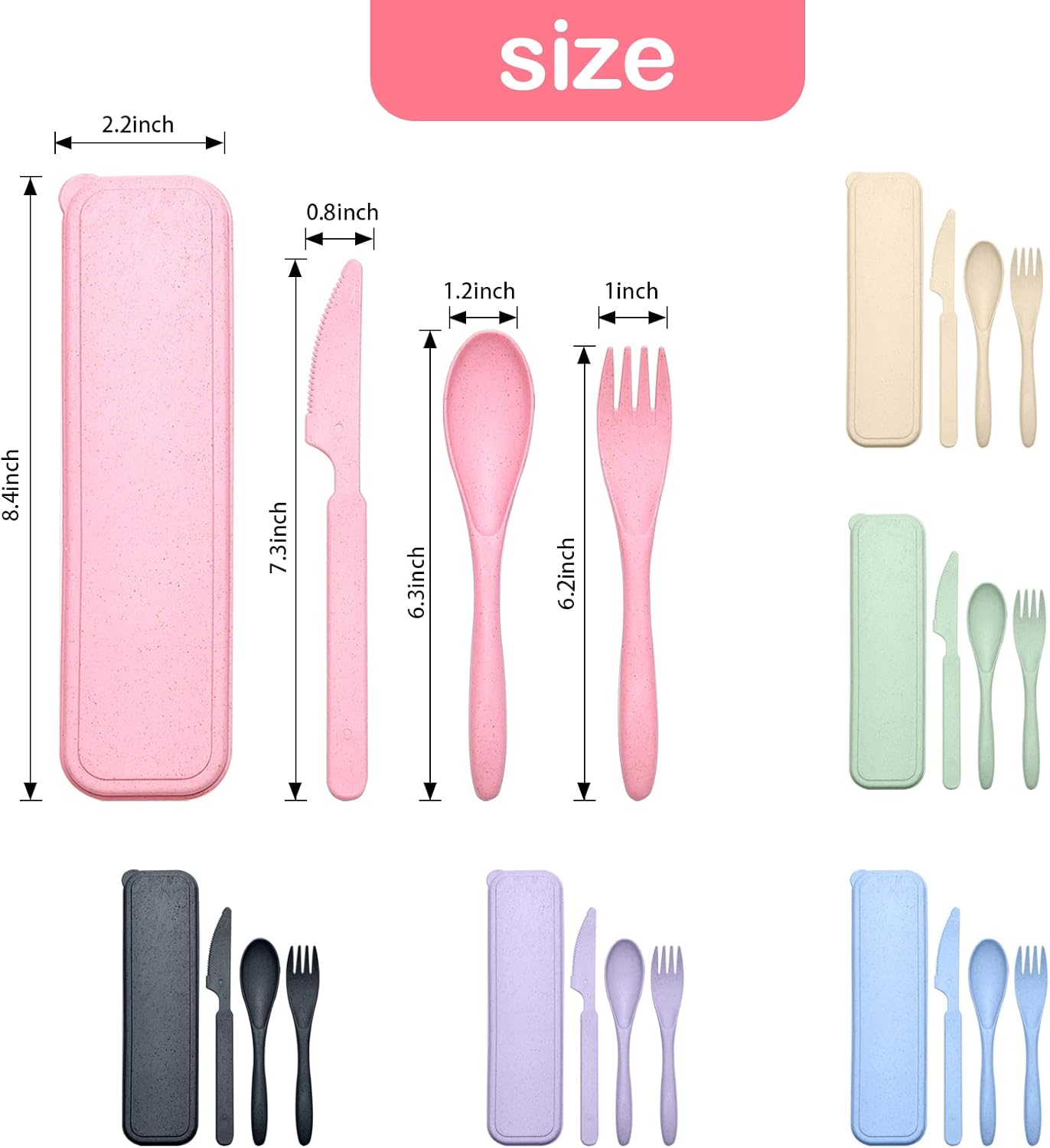 Reusable Travel Utensils Set with Case, 4 Sets Wheat Straw Portable Knife Fork Spoons Tableware, Eco-Friendly BPA Free Cutlery for Kids Adults Picnic Camping Utensils(Green, Beige, Pink, Blue)