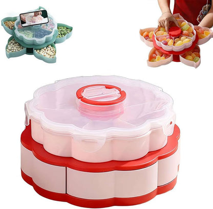 Divided Serving Tray that Spins - Perfect for Snacks, Dips & Party Appetizers,Rotating Snack Box Container with Lid,Double-Layer Lazy Susan Organizer Veggie Fruit Tray for Kitchen,Travel and Picnic