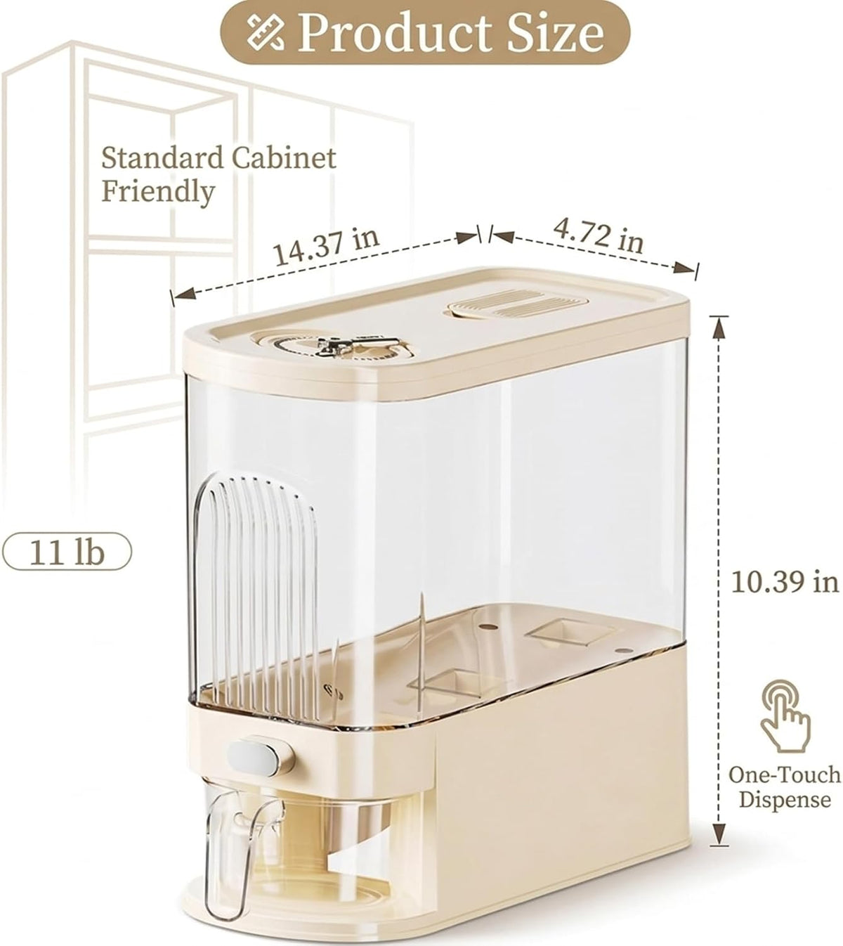 Slim Rice Dispenser with Manual Date Tracker, 22 Lbs Large Grain Storage Container for Kitchen Gap, 4.72" Wide Narrow Rice Bin with Measuring Cup, Beige