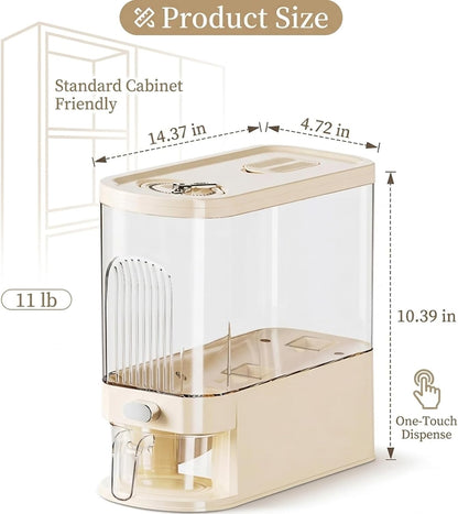 Slim Rice Dispenser with Manual Date Tracker, 22 Lbs Large Grain Storage Container for Kitchen Gap, 4.72" Wide Narrow Rice Bin with Measuring Cup, Beige