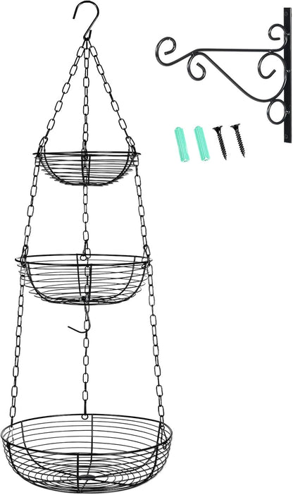 HULISEN 3 Tier Hanging Fruit Basket with Banana Hook, 36-Inch Heavy-Duty Wire Hanging Baskets for Kitchen Storage, Vegetable Produce Organizer (Including Installation Bracket)