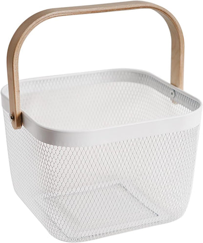 Metal Mesh Steel Harvest Basket, Rectangle Wire Garden Basket with Handle – Multi-functional Storage Organizer for Gathering Vegetables, Fruits, Kitchen, Garden, Picnic & Cabinet (Ivory)