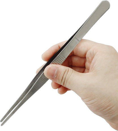 3Pcs Stainless Steel Tweezer Set (8" 10" 12"), Kitchen Tweezers Tongs, Cooking Tweezers with Precision Serrated Straight Tips, Long Handle Food Tweezers for Culinary, Bar, BBQ, Plating