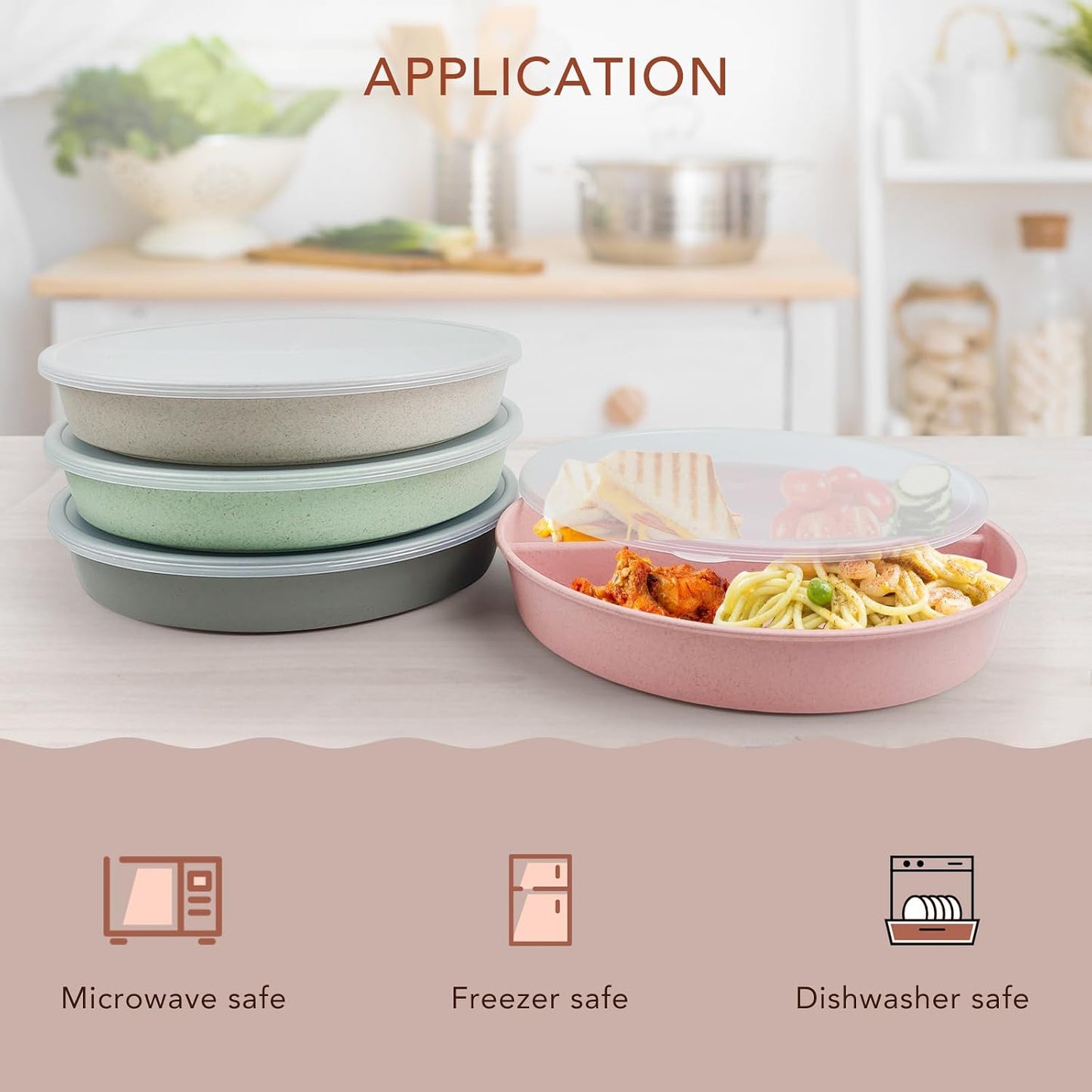 greenandlife 9 Inch 4PCS Portion Control Plates with Lids, Divided Plates for Kids Adults, Dishwasher Microwave Safe Compartment Plate, Unbreakable Lightweight Reusable Wheat Straw Plate, Earth Tone