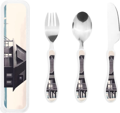 3-Piece Kids Silverware Set With Storage Case, Stainless Steel Reusable Children Safe Knife Spoon Fork Set Beach House Children Flatware Set For Kids Lunch Box