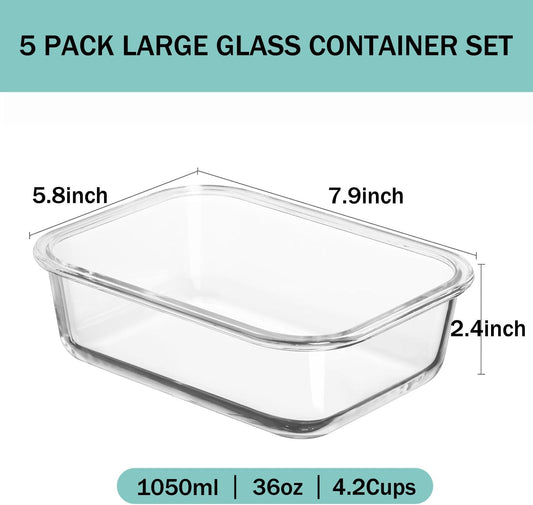 5 Pack 36oz Borosilicate Glass Food Storage Containers Set with Lids, Freezer Meal Prep Containers, Airtight Bento Lunch Container Set, Oven, Freezer and Dishwasher Safe, BPA Free, Kitchen Storage Set