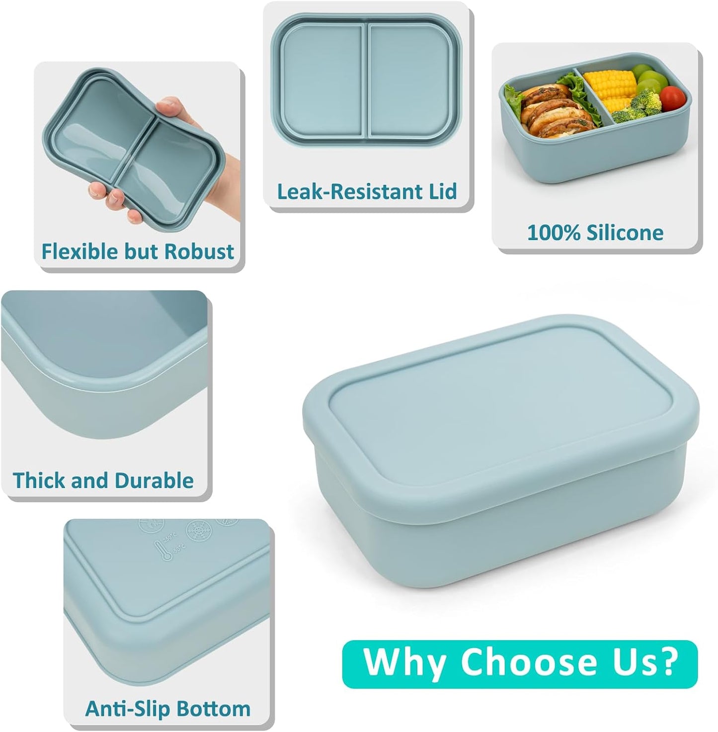 Silicone Bento Box Adult Lunch Container, 3 Compartment Container, Food Grade Silicone Bento Lunch Box for Work Travel Meal Prep, Leak-proof Food Storage Container（1 Pack Nile Blue）