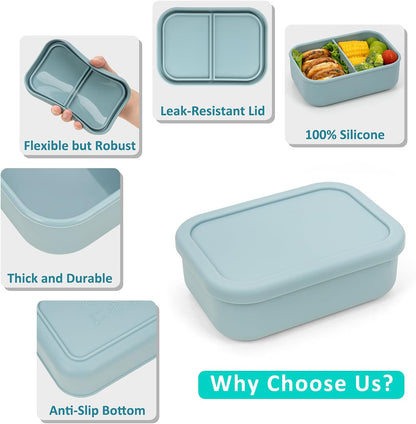 Silicone Bento Box Adult Lunch Container, 3 Compartment Container, Food Grade Silicone Bento Lunch Box for Work Travel Meal Prep, Leak-proof Food Storage Container（1 Pack Nile Blue）