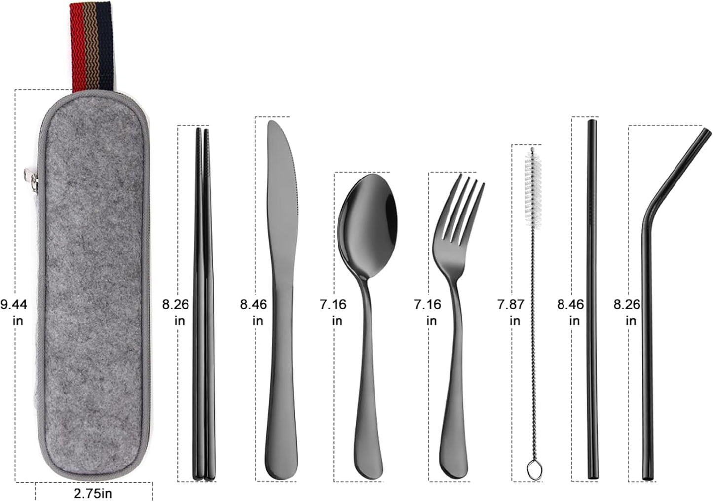DEVICO Camping Utensils, 8-Piece Full-Size Reusable Silverware for Lunch Adult, Stainless Steel Portable Fork Spoon Knife Set for Work, Travel Cutlery Set with Case and Chopsticks Straws (Rainbow)