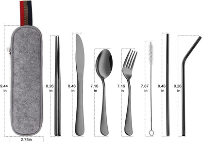 DEVICO Camping Utensils, 8-Piece Full-Size Reusable Silverware for Lunch Adult, Stainless Steel Portable Fork Spoon Knife Set for Work, Travel Cutlery Set with Case and Chopsticks Straws (Rainbow)