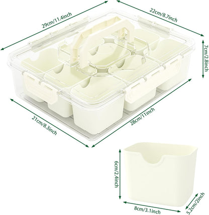 REBECAT Divided Serving Tray with Lid and Handles 9 Compartments Snack Box Container Charcuterie Organizer Snackle Box Container for Candy,Nuts，Fruits,Snacks,2 Pack,Beige
