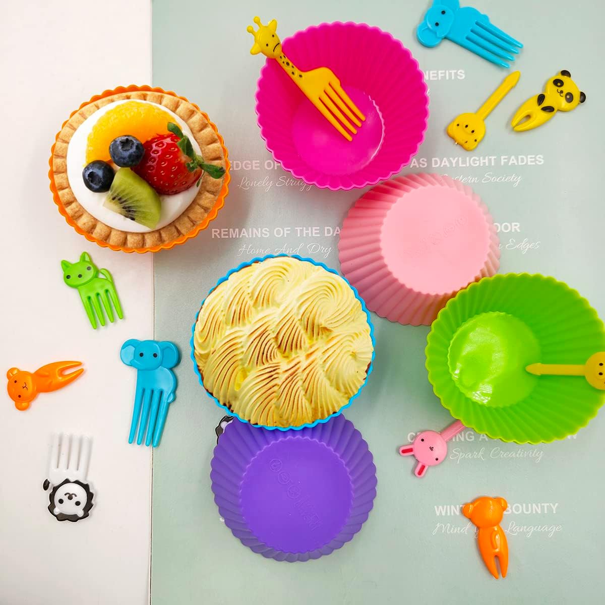 SourceTon 52-Piece Bento Box Fun Kit – 12 Reusable Silicone Baking Cups & 40 Cute Animal Picks for Lunch, Snack Sorting, Party Platters & Meal Prep