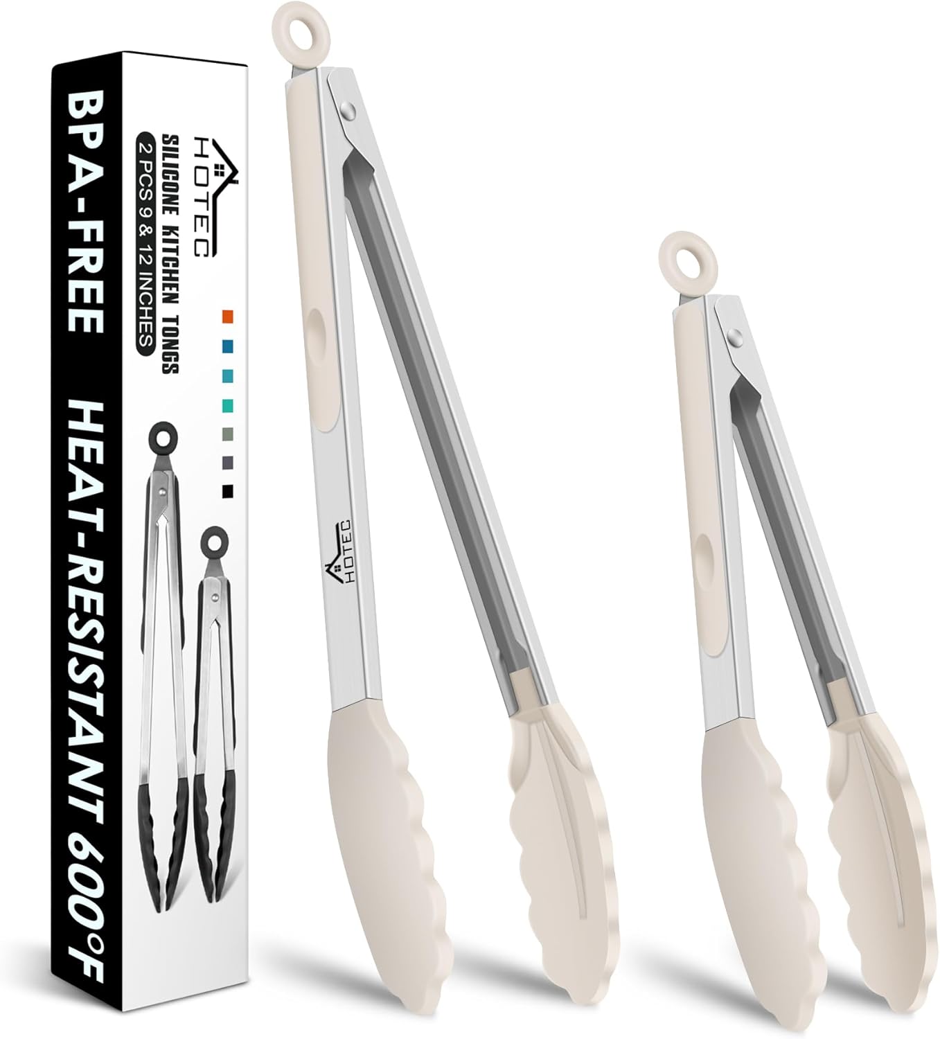 HOTEC Premium Stainless Steel Locking Kitchen Tongs with Silicon Tips, Set of 2-9" and 12"