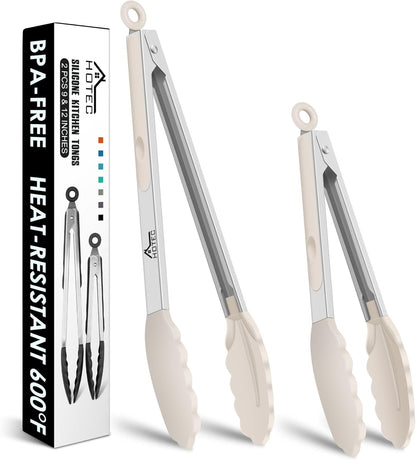 HOTEC Premium Stainless Steel Locking Kitchen Tongs with Silicon Tips, Set of 2-9" and 12"