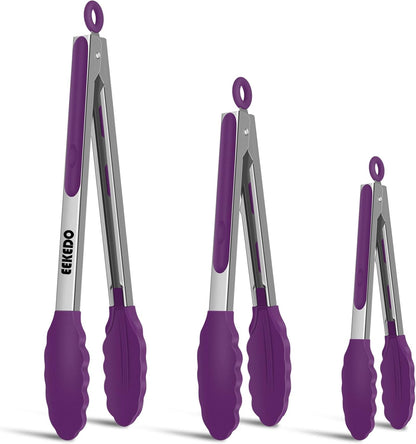 Kitchen Tongs, Stainless Steel Cooking Tongs with Silicone Tips, 600ºF High Heat-Resistant Non Scratch Locking Tongs for Cooking BBQ Grilling Air Fryer Pans, Set of 3 (7" 9" and 12") Black