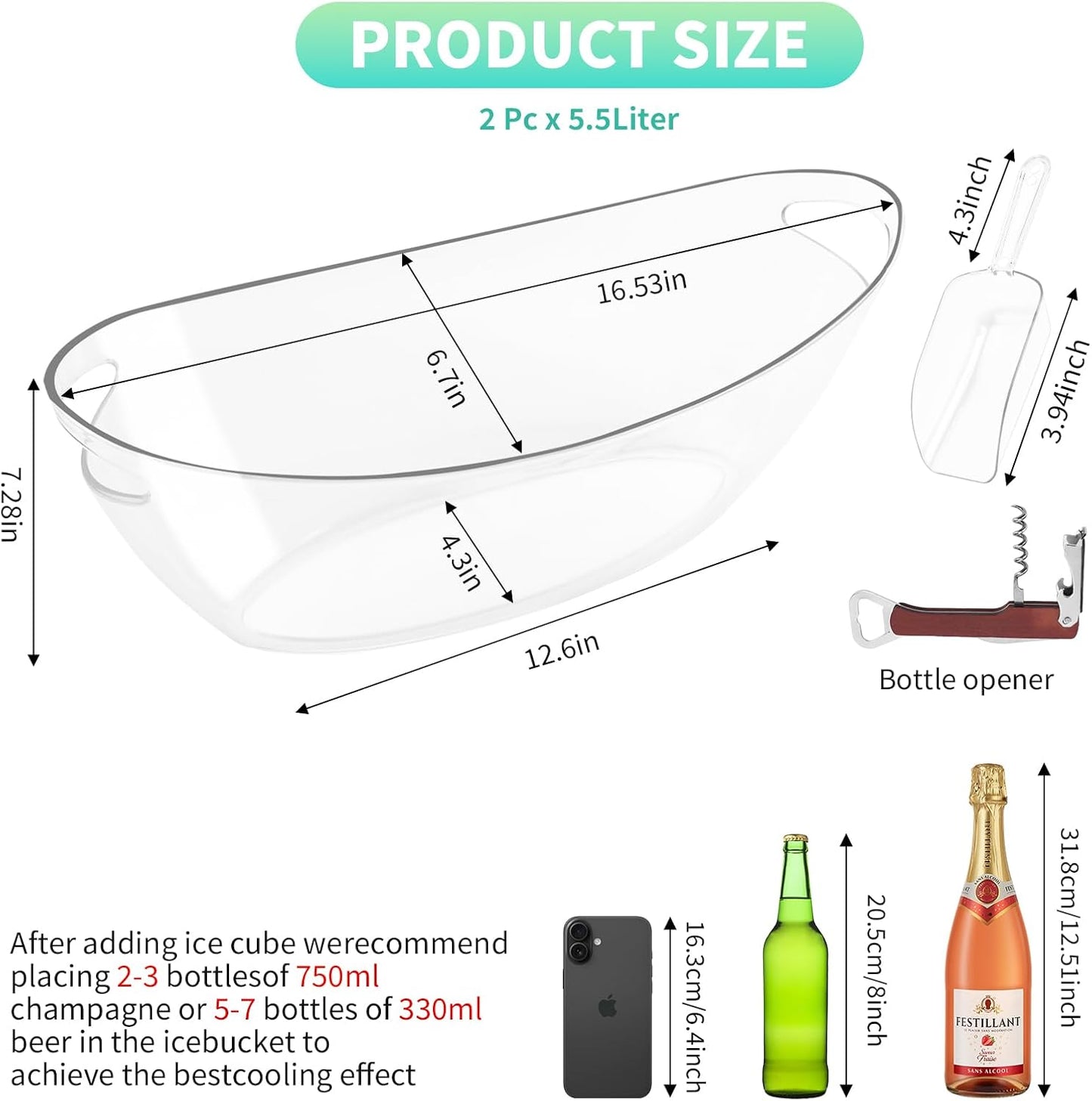 Ice Buckets for Parties, 2 Pack 5.5L Clear Acrylic Champagne Beverage Buckets Tub with Scoops & Wine Bottle Opener, Large Ice Bucket for Mimosa Bar, Wine, Beer, Cocktails & Drinks (3-5 Bottles)