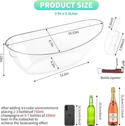 Ice Buckets for Parties, 2 Pack 5.5L Clear Acrylic Champagne Beverage Buckets Tub with Scoops & Wine Bottle Opener, Large Ice Bucket for Mimosa Bar, Wine, Beer, Cocktails & Drinks (3-5 Bottles)