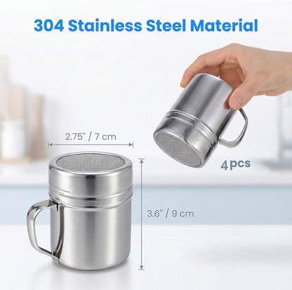 4 Pack Stainless Steel Salt and Pepper Shakers, 10 oz Dredge Shakers with Lid and Handle, Spice Seasoning Condiment Dispenser for Salt Powder Sugar Flour, Fits Cooking Kitchen Baking