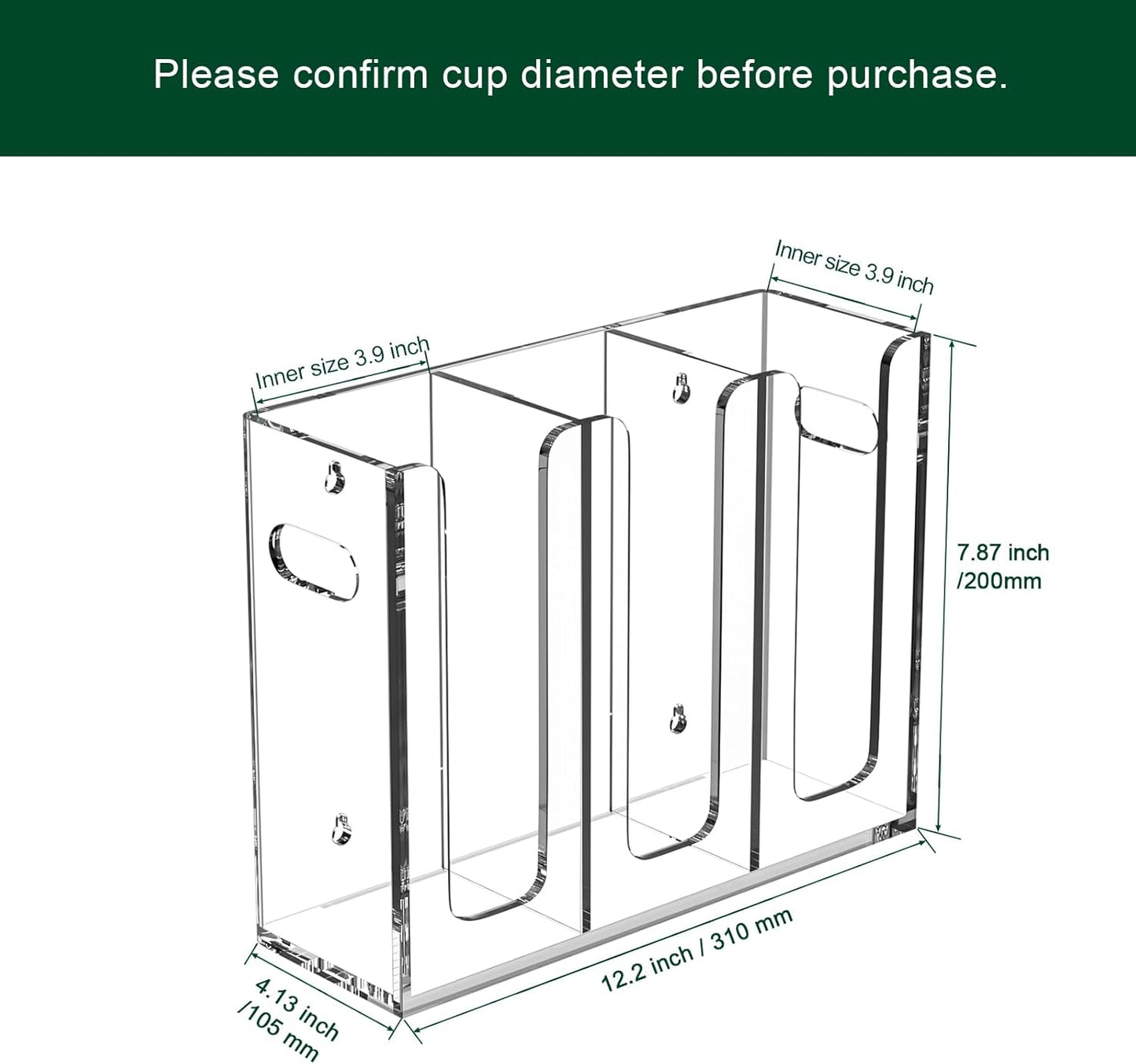 Disposable Coffee Cup Dispenser with Handles, Countertop or Wall Mount Hot/Cold Drink Cup and Lid Holder - Bathroom/Kitchen/Office Acrylic Cup Lid Storage Organizer (1 Compartment, Clear)
