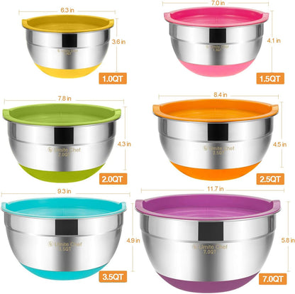 Umite Chef Mixing Bowls with Airtight Lids, 6 piece Stainless Steel Metal Nesting Storage Bowls, Non-Slip Bottoms Size 7, 3.5, 2.5, 2.0,1.5, 1QT, Great for Mixing & Serving (Khaki)