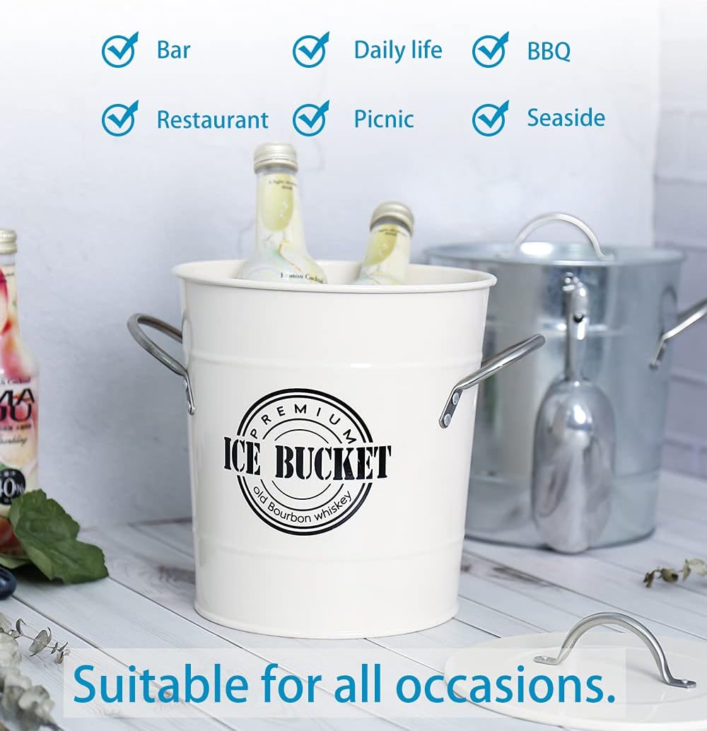 T586A 4L Cream White Metal Galvanized Double Walled Ice Bucket Set with Lid and Scoop