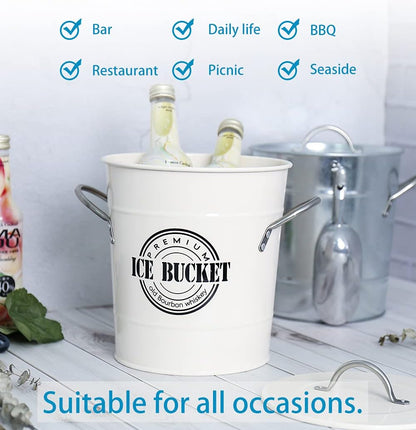 T586A 4L Cream White Metal Galvanized Double Walled Ice Bucket Set with Lid and Scoop