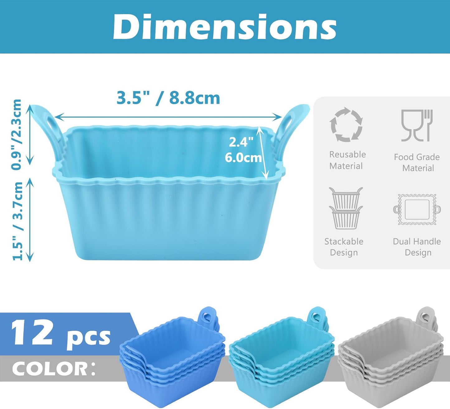 Koluti Nonstick Silicone Muffin Baking Cups Pack of 12, Reusable Cupcake Molds with Double Handle, BPA Free, Mini Round Air Fryer Cupcakes Liner, 3 Colors