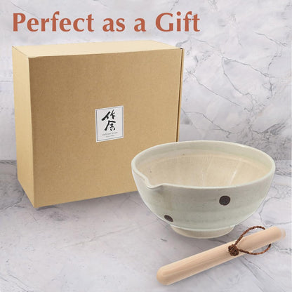 TIKUSAN Japanese Ceramic Ripple Ridge Mortar & Pestle Suribachi Bowl and Surikogi Set with Spout 7.1 inches Made in Japan (Brown)