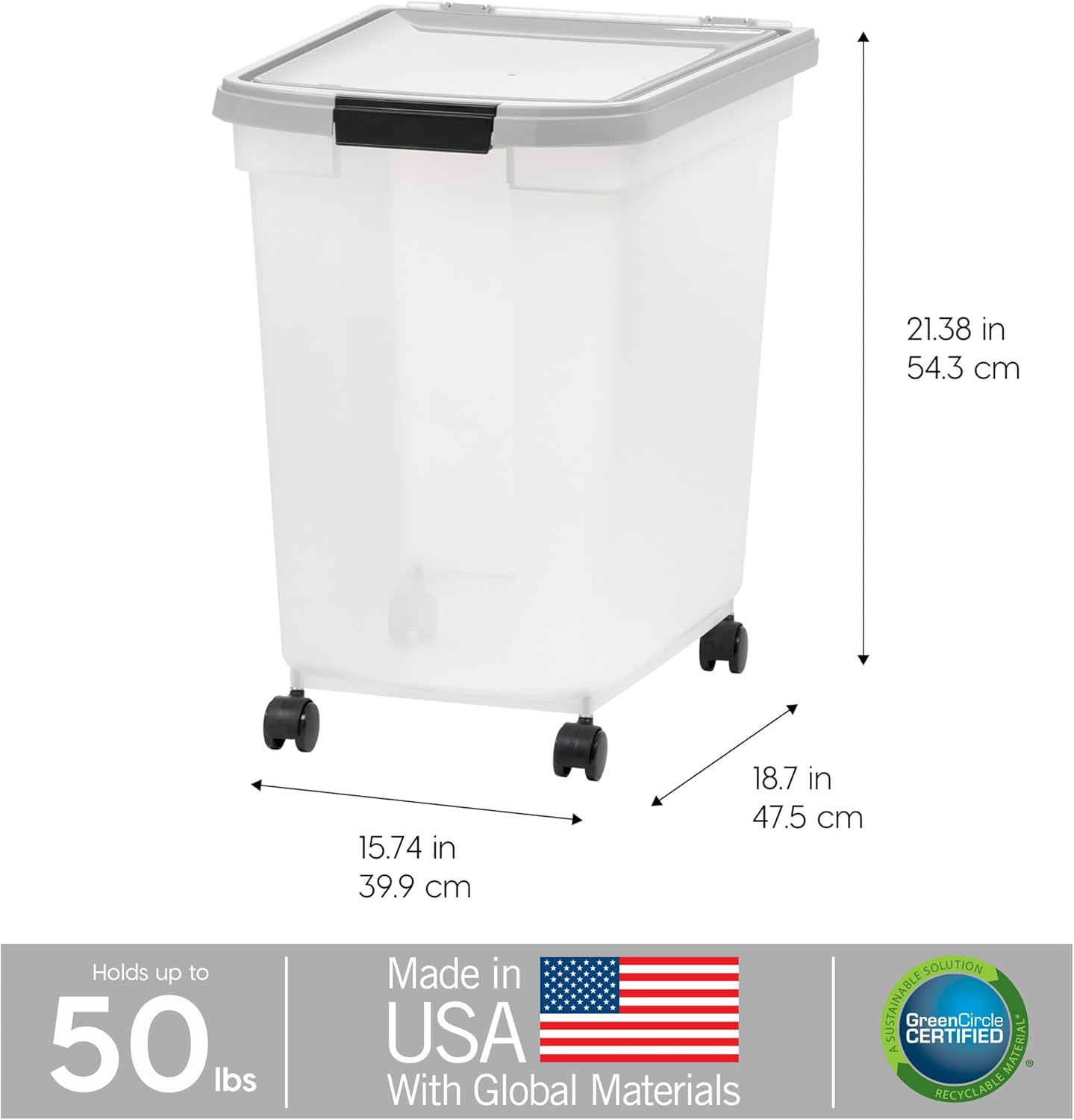 IRIS USA Airtight Dog Food Storage Container, WeatherPro, Up to 25 lbs, Removable Wheels, for Dog Cat Bird and Other Pet Food Storage Bin, Keep Fresh, Translucent Body, Made in USA, Clear/Black