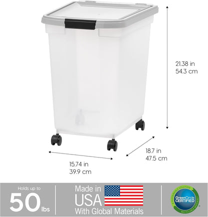 IRIS USA Airtight Dog Food Storage Container, WeatherPro, Up to 25 lbs, Removable Wheels, for Dog Cat Bird and Other Pet Food Storage Bin, Keep Fresh, Translucent Body, Made in USA, Clear/Black