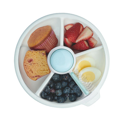 GoBe Kids Small Snack Spinner Flip Bundle with Hand Strap and Sticker Sheet - Reusable Snack Container with 5 Compartment Dispenser and Lid | BPA/PVC Free | Dishwasher Safe | No Spill- Mint Green