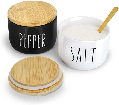Farmhouse Salt And Pepper Containers,Salt Containers For Countertop,Stacked Ceramic Cellar With Bamboo Lid, Spice Box With Spoon,Seasoning Holder with lid,Ceramic Bowls (B&W H)