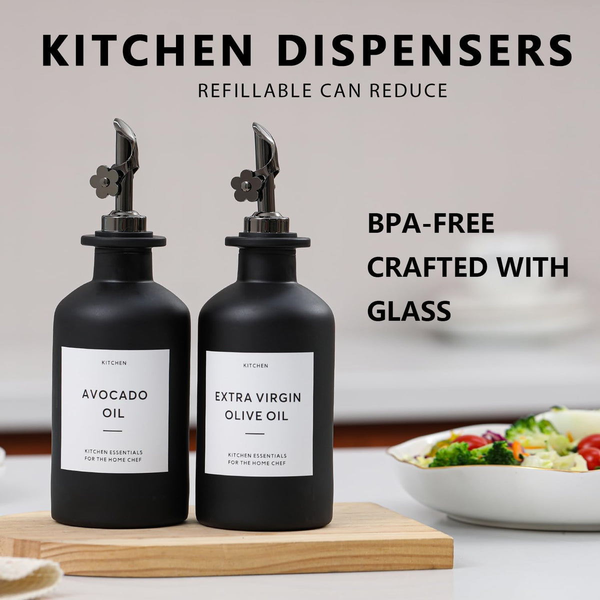HOMCDALY Olive Oil Dispenser for Kitchen, 12oz Glass kitchen Dispenser Bottle, Gold Oil&Vinegar Cruet Set, Leakproof Oil Containers for Cooking| Set of 2 (12oz – Gold)