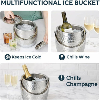 BREKX 3-QT Insulated Ice Buckets for Parties with Lid and Scoop - Iceberg Anchored Wine Chiller Champagne Bucket for Cocktail Bar, Metal Bucket with Lid, Non-Sweat