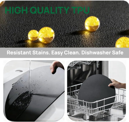 TPU Cutting Boards, Flexible, Non-slip Chopping Boards for Kitchen, Knife-Friendly & Dishwasher Safe Cutting Mat for Meat, Vegetables & Fruits (2PCS, Gray/Black-D Shape)