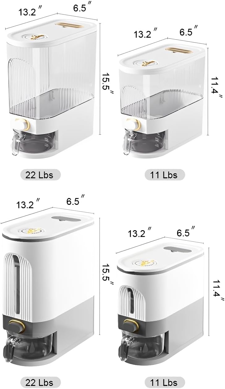 Gagee 11 Lbs Rice Dispenser, Clear | Grain Container Storage, With Lid, Measuring Cylinder, Moisture Proof, Household Cereal Dispenser Bucket