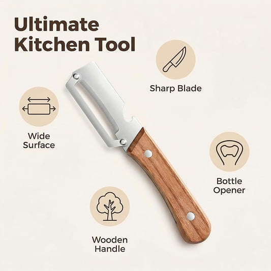 2PCS Multi-Functional Vegetable Peeler, Stainless Steel Ultra Sharp Blade with Wooden Handle, Fruit & Potato Peeler with Built-in Bottle Opener for Kitchen Use