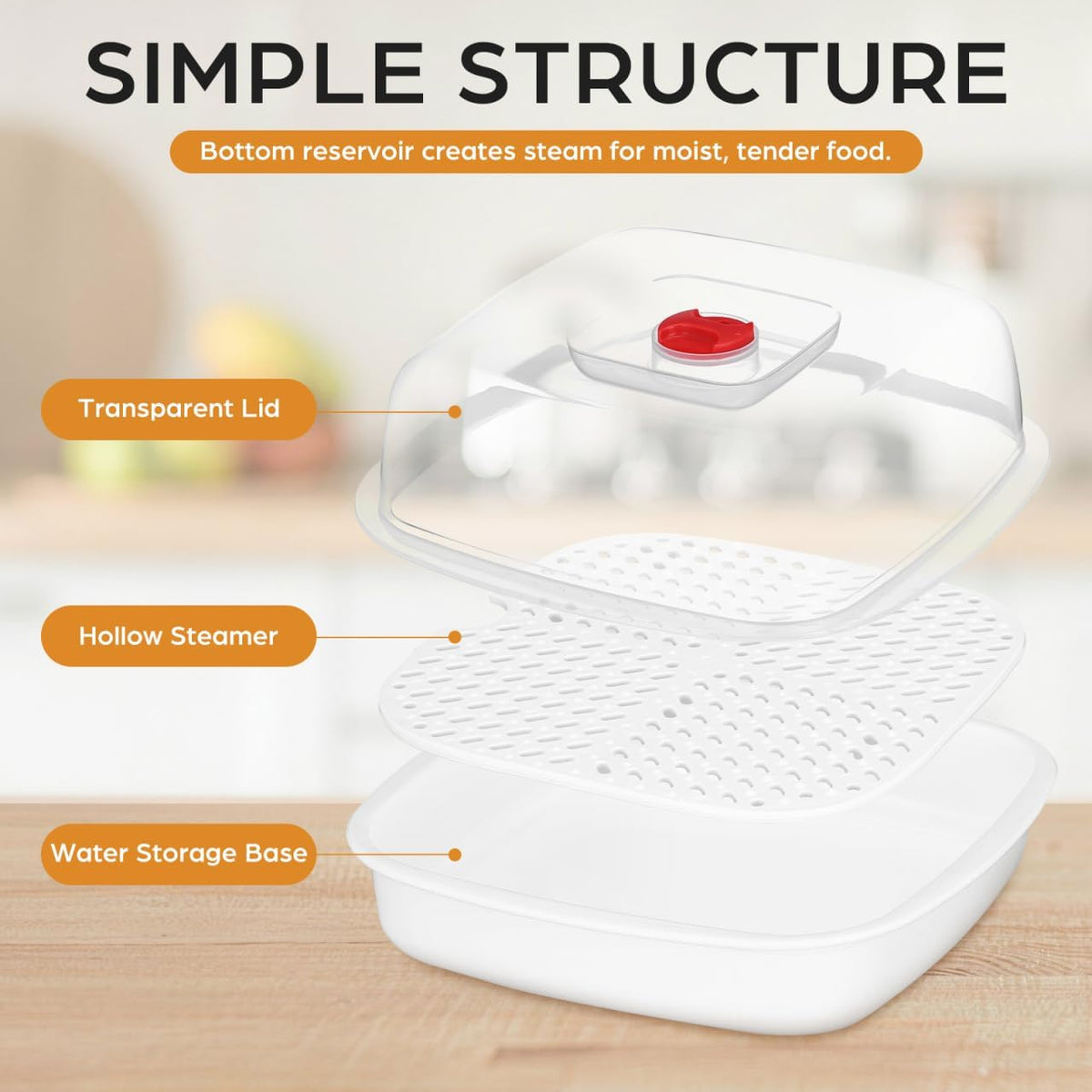 MAGICLULU Microwave Vegetable Steamer with Lid and Tray - 8.26" Square Microwave Heating Bowl for Fish, Dumplings, Meat - Micro Cookware for Cooking for Home, Gem, Office Kitchen (White)