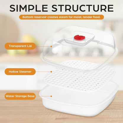 MAGICLULU Microwave Vegetable Steamer with Lid and Tray - 8.26" Square Microwave Heating Bowl for Fish, Dumplings, Meat - Micro Cookware for Cooking for Home, Gem, Office Kitchen (White)