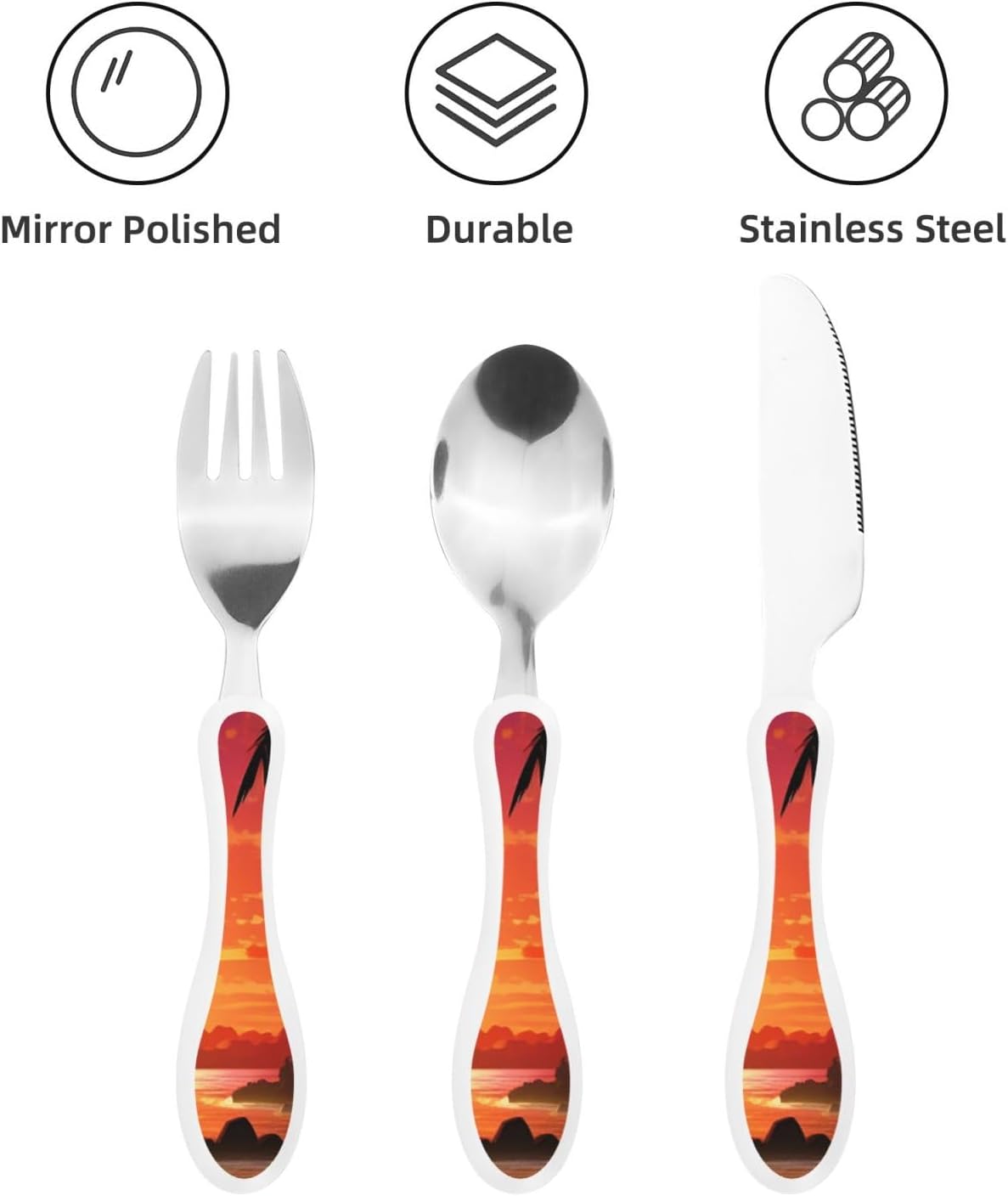3-Piece Kids Silverware Set With Storage Case, Stainless Steel Reusable Children Safe Knife Spoon Fork Set Tropical Sunset Seaside Children Flatware Set For Kids Lunch Box