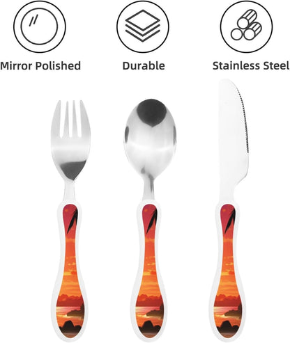 3-Piece Kids Silverware Set With Storage Case, Stainless Steel Reusable Children Safe Knife Spoon Fork Set Tropical Sunset Seaside Children Flatware Set For Kids Lunch Box