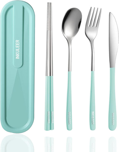 Travel cutlery set, 18/8 stainless steel cutlery, Reusable utensils set with case, Portable Silverware Lunch Box for Camping and Office (Green/knife set)
