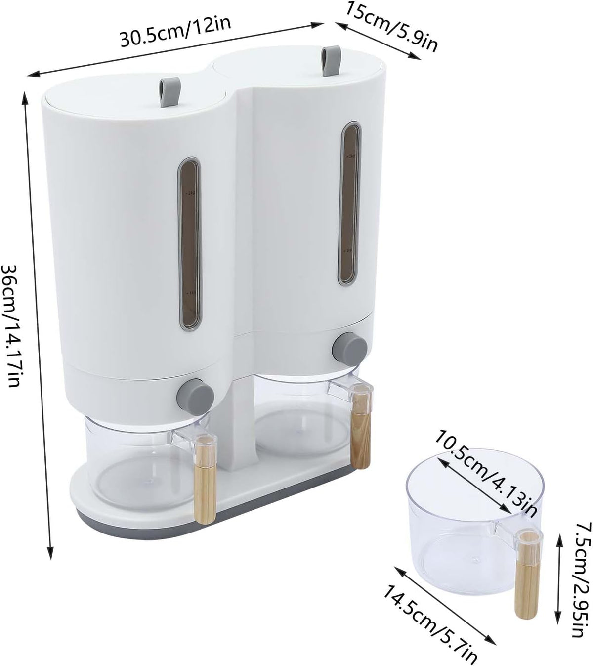 Dual Rice Dispenser, Grain Holder Beans Cereal Dispensers, Rice Storage Container with 2 Measuring Cup, with Airtight Lid, for Home Kitchen Countertop Organization (White Grey)