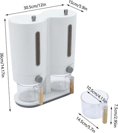 Dual Rice Dispenser, Grain Holder Beans Cereal Dispensers, Rice Storage Container with 2 Measuring Cup, with Airtight Lid, for Home Kitchen Countertop Organization (White Grey)