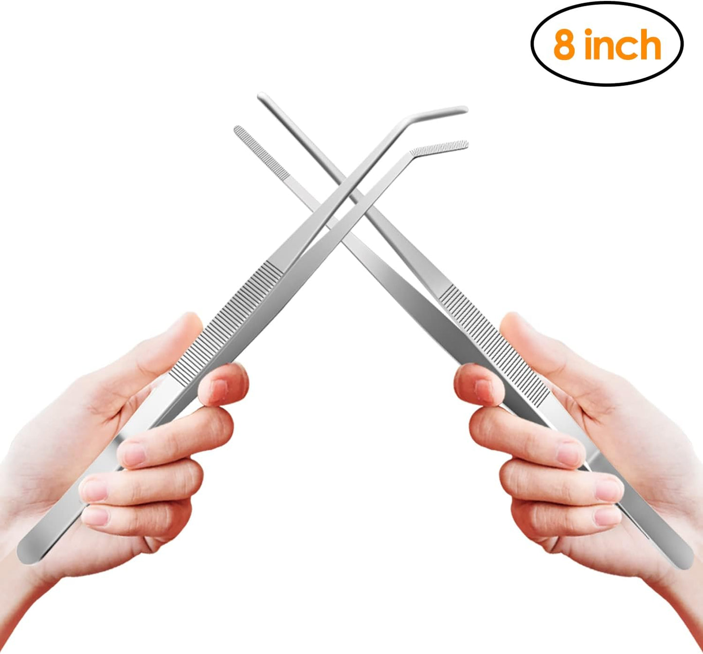 Gutsdoor Kitchen Tweezers Set Stainless Steel Tongs Tweezers Set of 2 with Precision Serrated Tips for Cooking (8 Inch Set)
