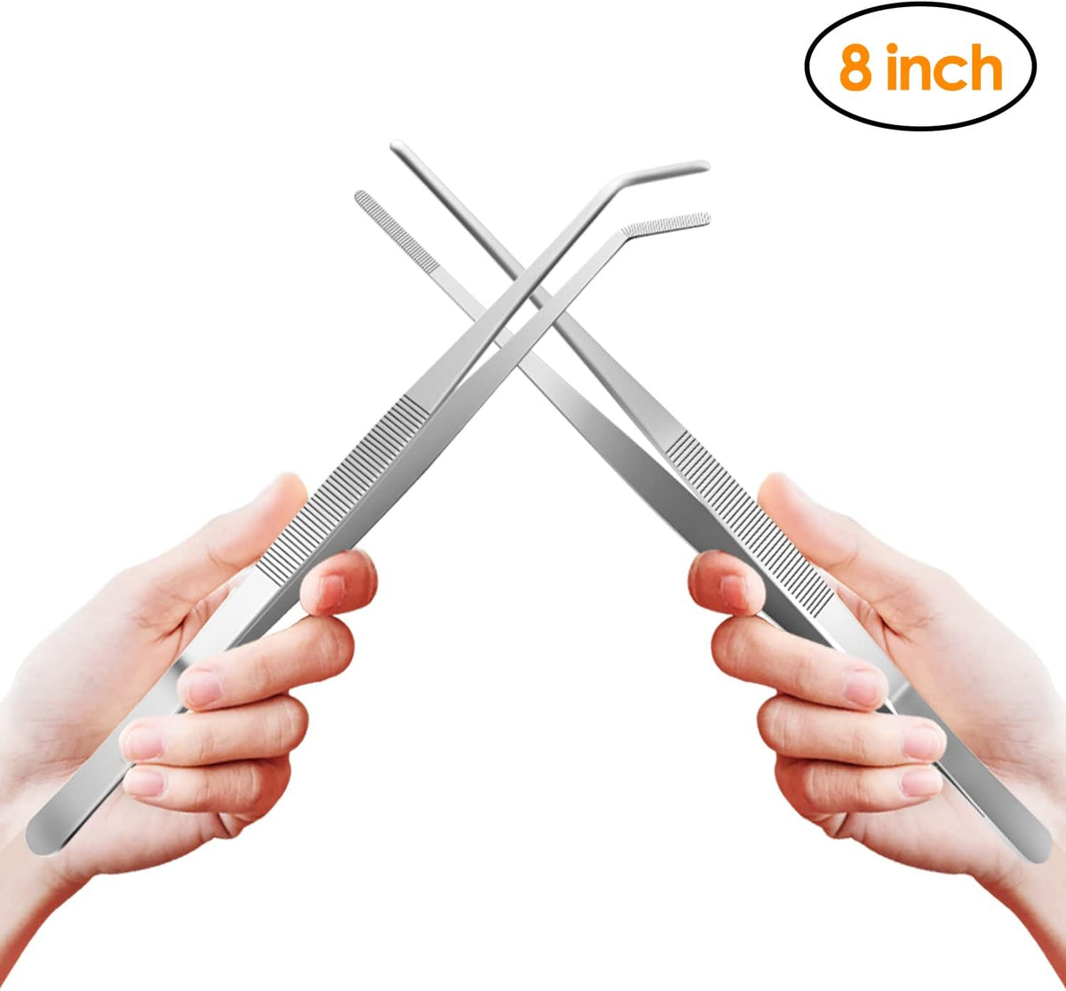 Gutsdoor Kitchen Tweezers Set Stainless Steel Tongs Tweezers Set of 2 with Precision Serrated Tips for Cooking (8 Inch Set)