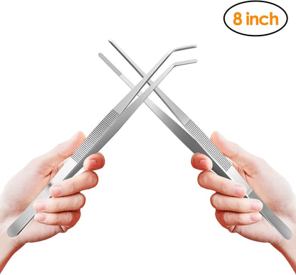 Gutsdoor Kitchen Tweezers Set Stainless Steel Tongs Tweezers Set of 2 with Precision Serrated Tips for Cooking (8 Inch Set)