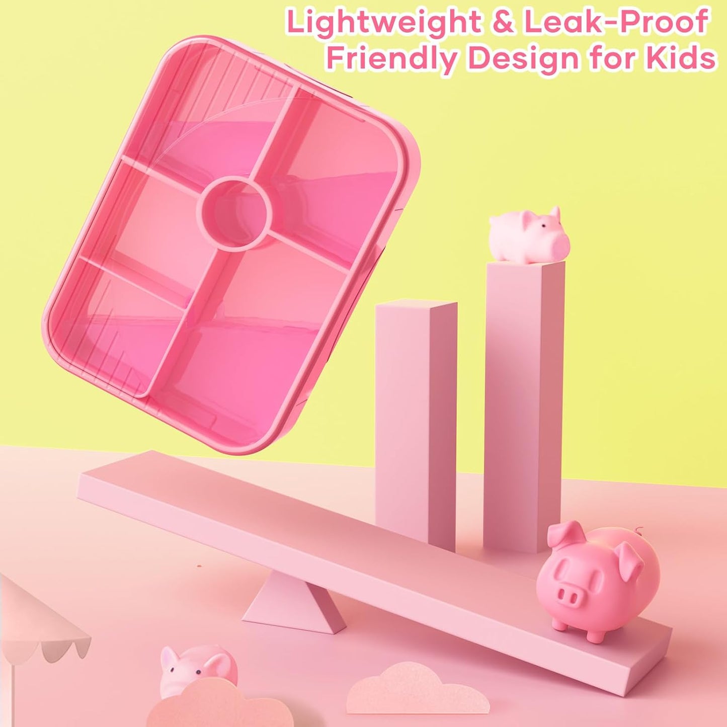HOMETALL Bento Lunch Box for Kids - Leakproof Bento Box with 6 Compartments Portions Lunchbox for Kids Ages 3 to 7 Back to School, BPA-Free Snack Packing Containers Reusable On-the-Go Meal Prep, Pink