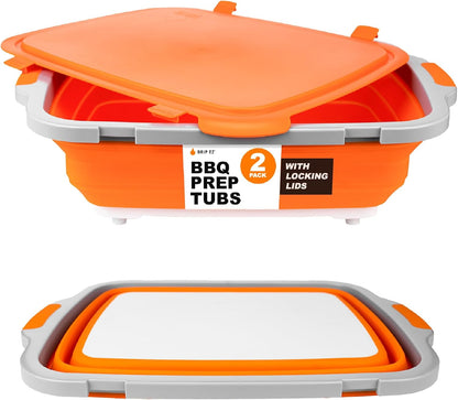 Drip EZ Collapsible BBQ Prep Tubs 2-Piece Set- For Meal Prep Marinating Food Storage - Includes Cutting Board & Lid - (2) XL - Black