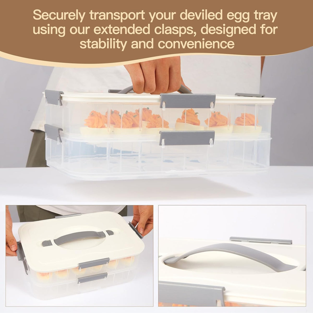 2-Layer Deviled Egg Containers With Lid,36pcs Easter Deviled Egg Tray Carrier with Handl Injector Piping Tool,Portable Stackable Egg Holder Platter Holder Organizer for Refrigerator Party Picnic Event